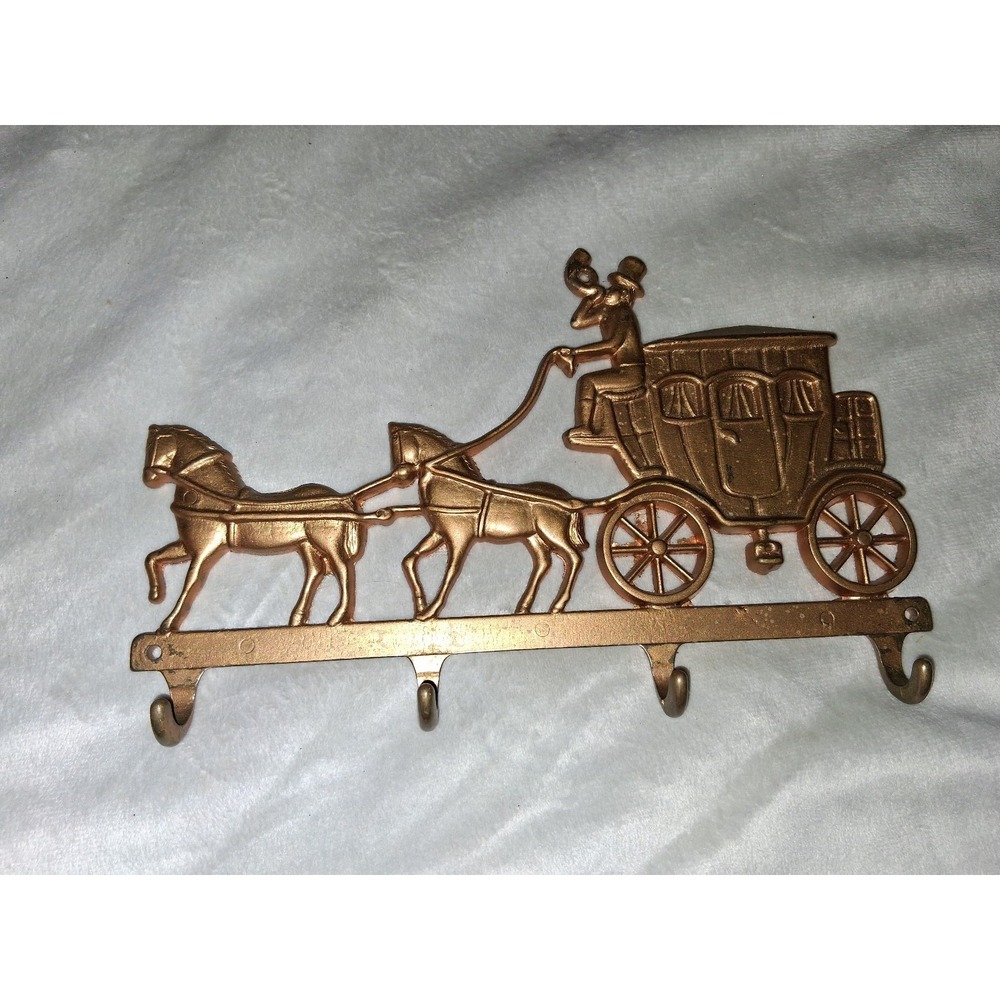 Vintage Brass Horse Drawn Carriage Wall Key Holder 4 Hooks Stagecoach